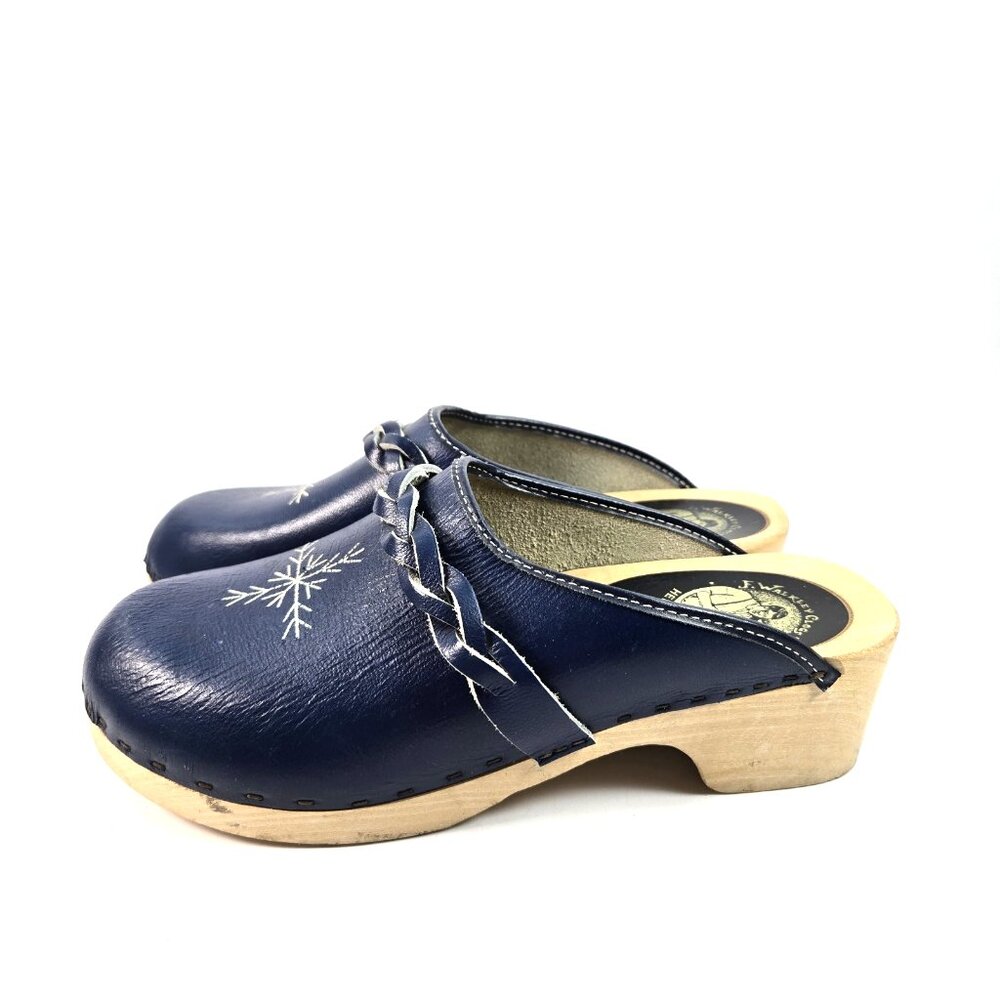 Navy Blue Leather Clog Mules with Braided Accent